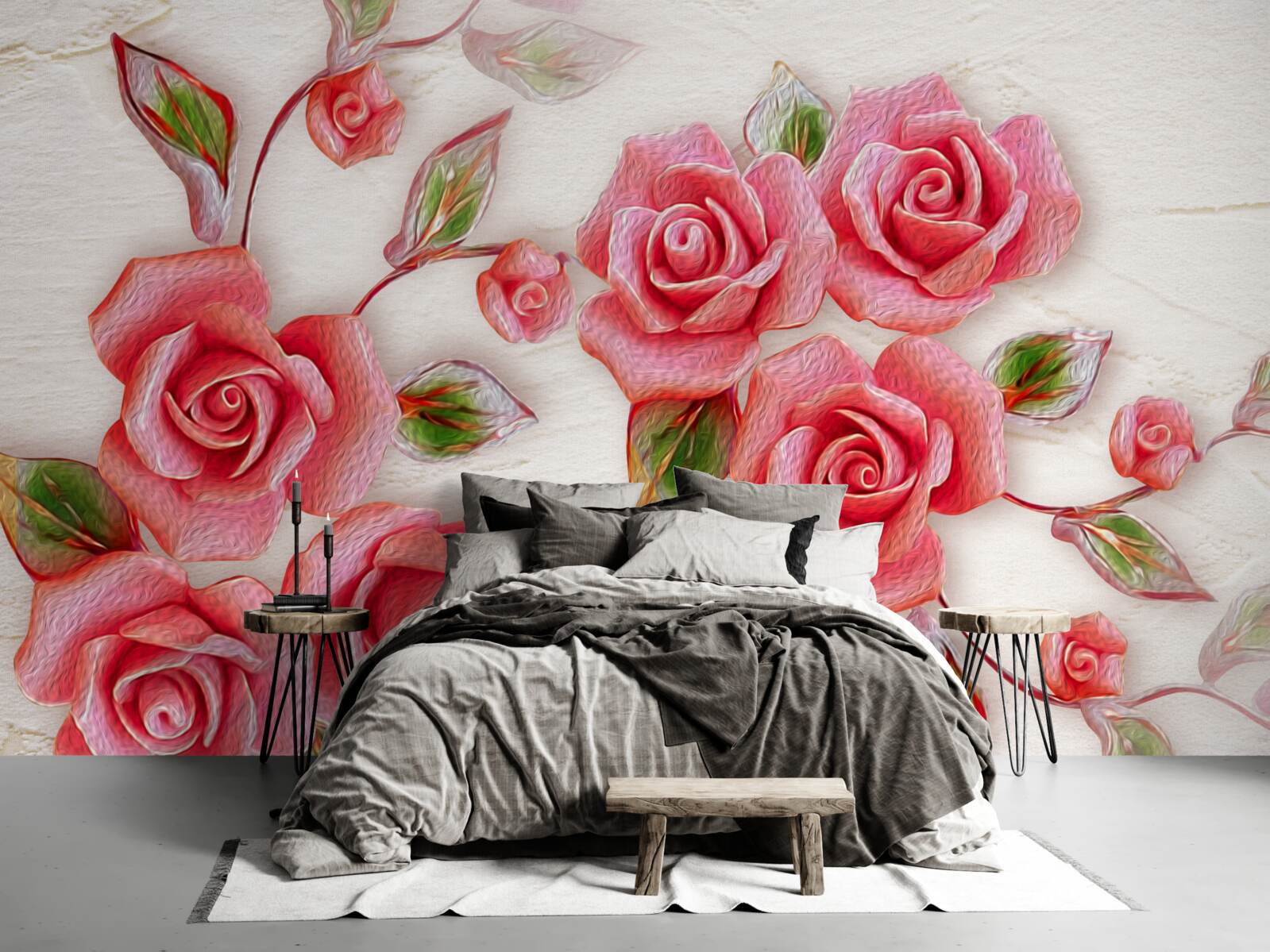 Fotobehang een roze theeroos bloeit op een tak