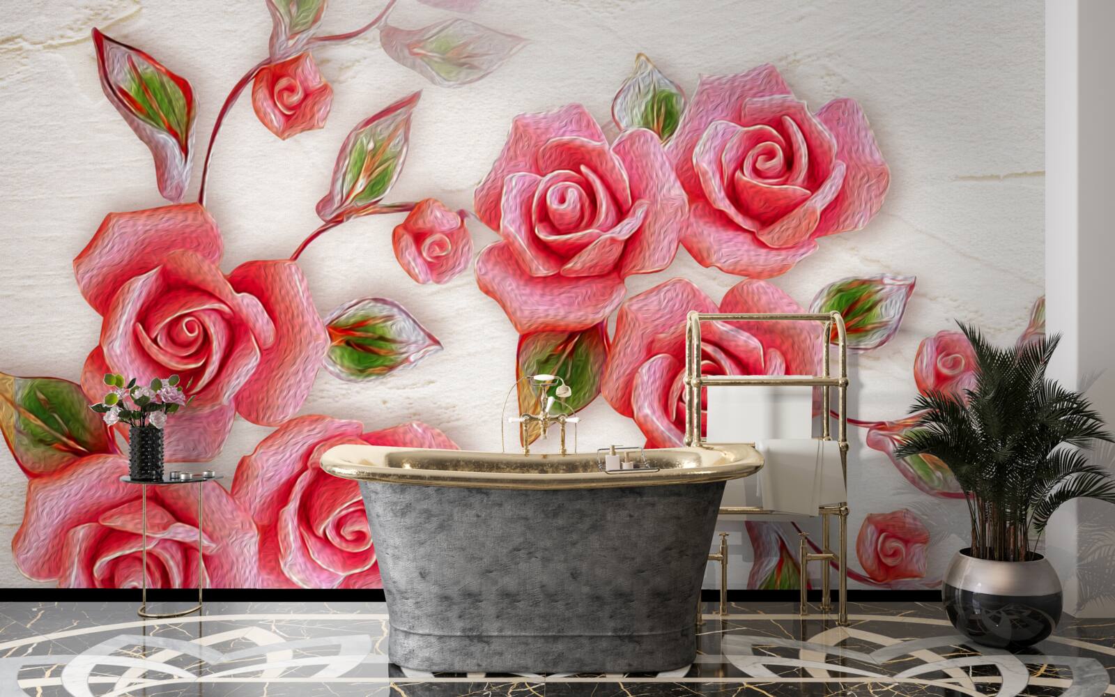 Fotobehang een roze theeroos bloeit op een tak