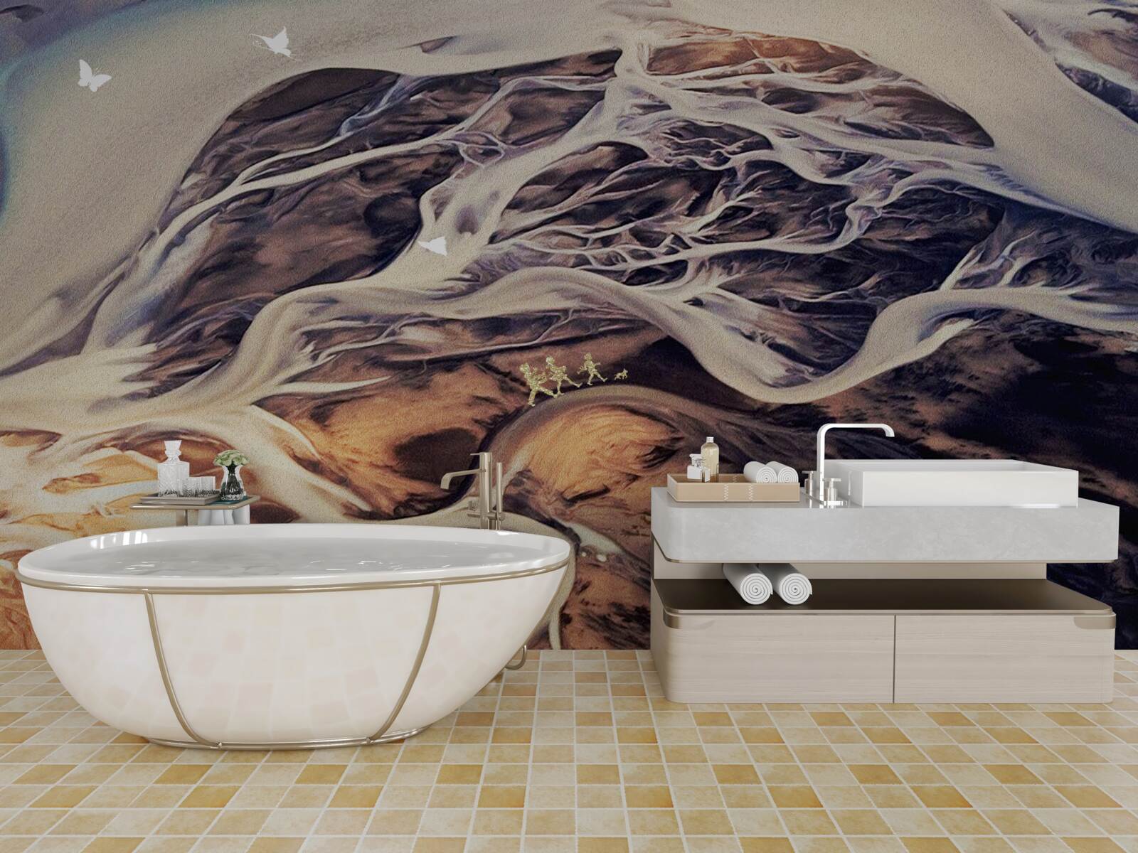 Fotobehang vals silhouet van een boom getekend op zand