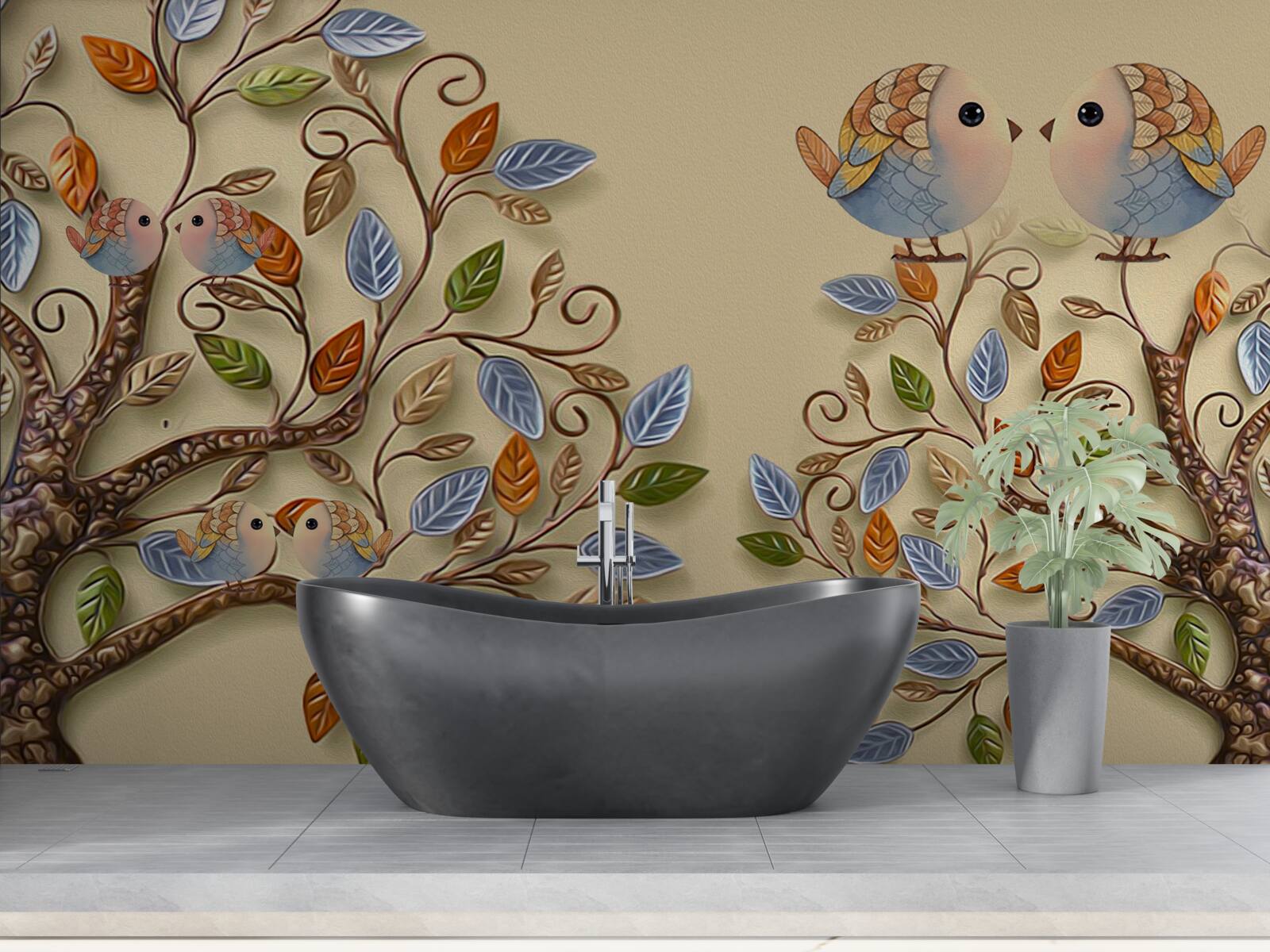 Fotobehang herfstbomen met vogels