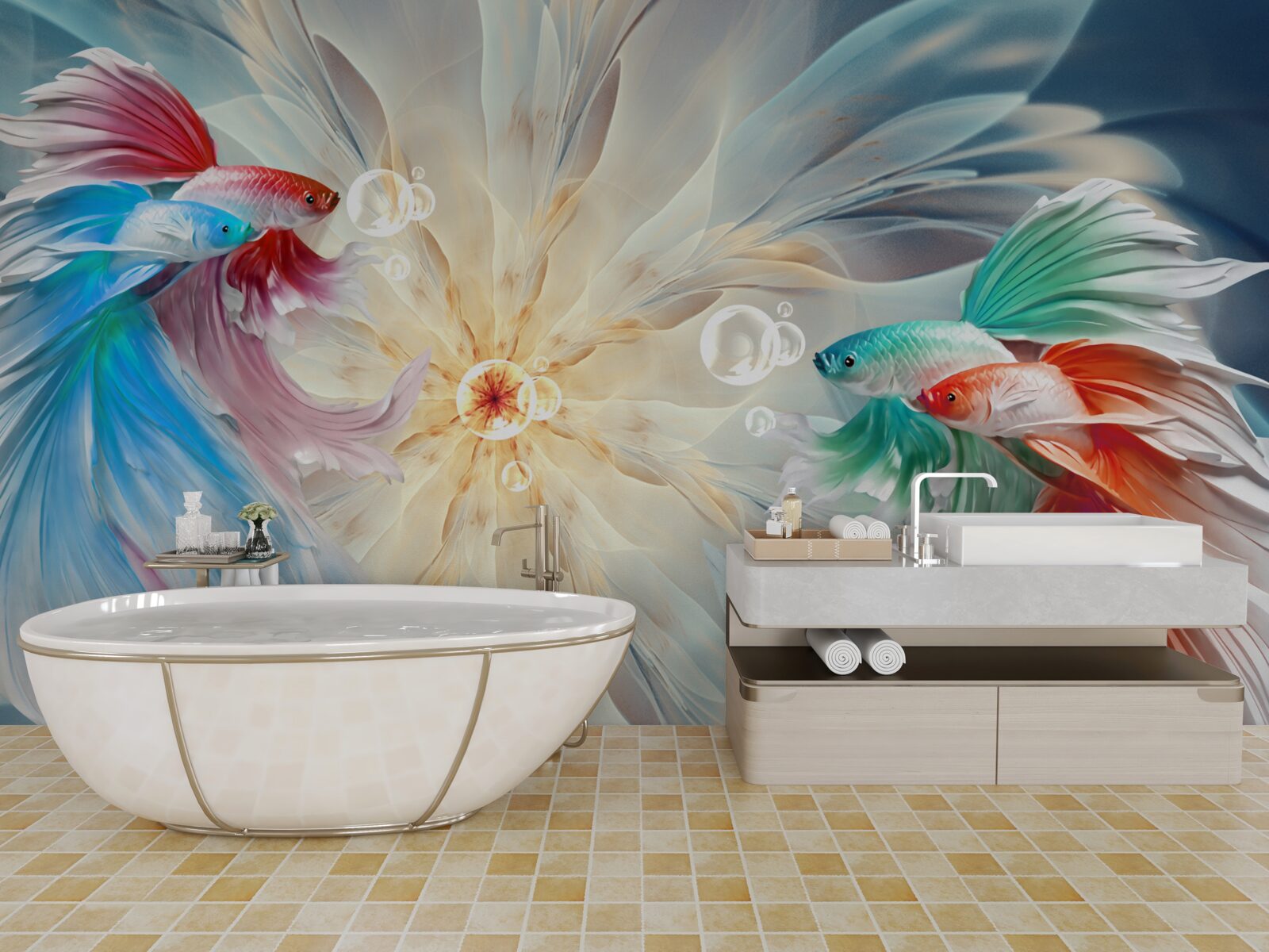 Fotobehang felgekleurde vissen met prachtige staarten