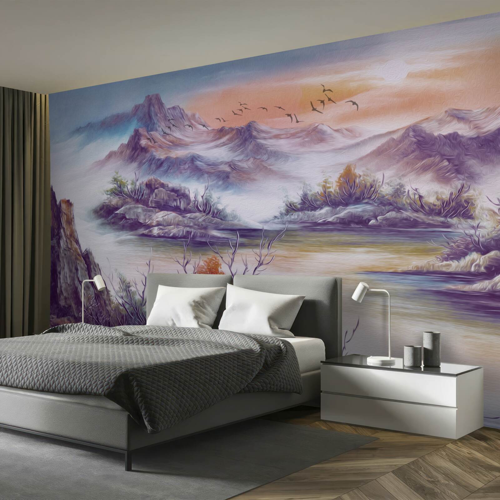 Fotobehang de bergen zijn in mist gehuld