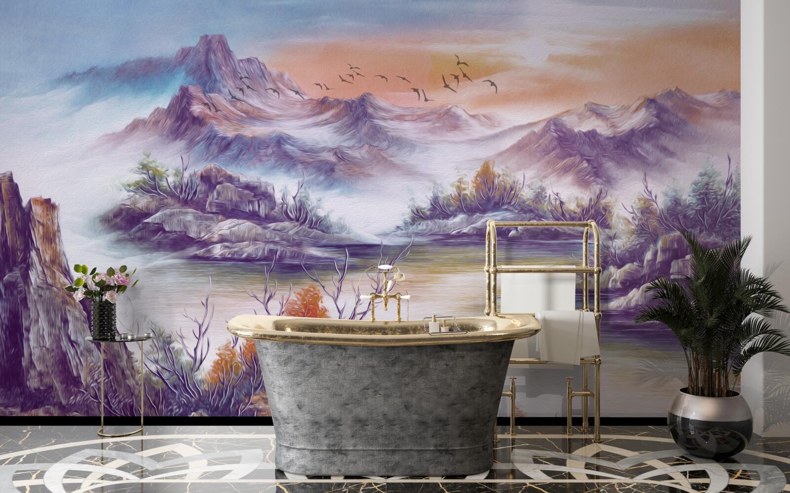 Fotobehang de bergen zijn in mist gehuld