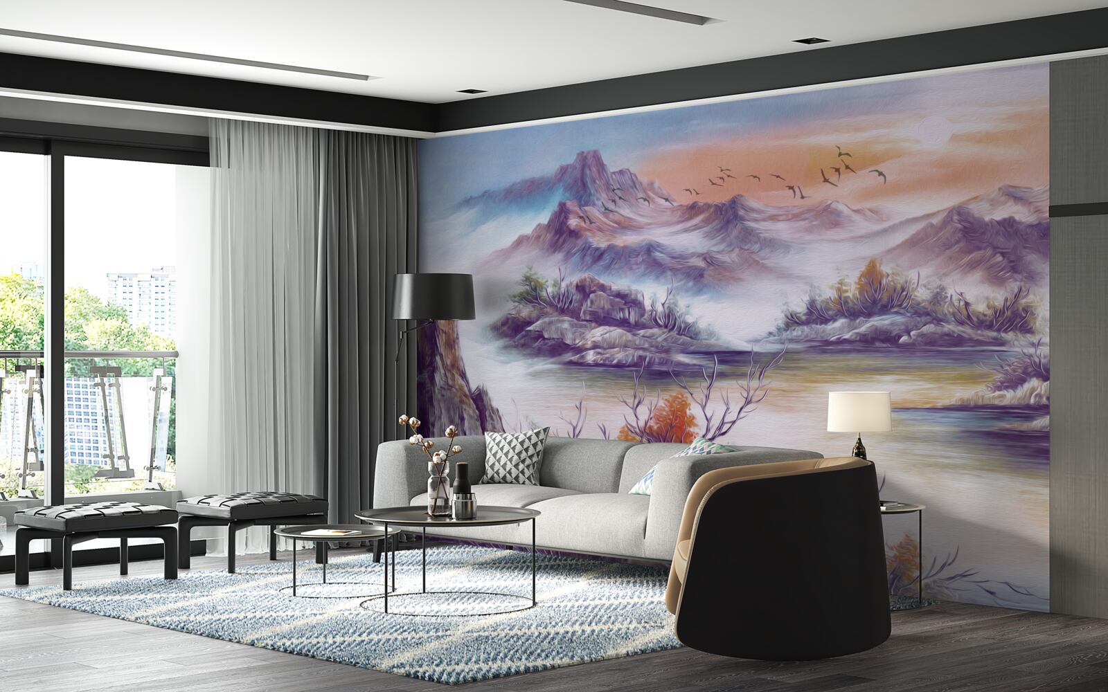 Fotobehang de bergen zijn in mist gehuld