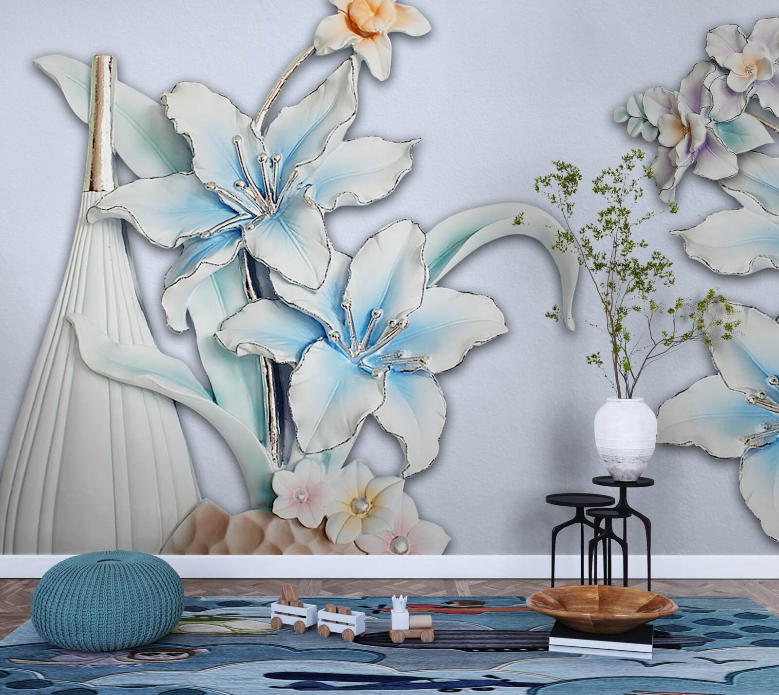 Fotobehang boeket van witte en blauwe lelies