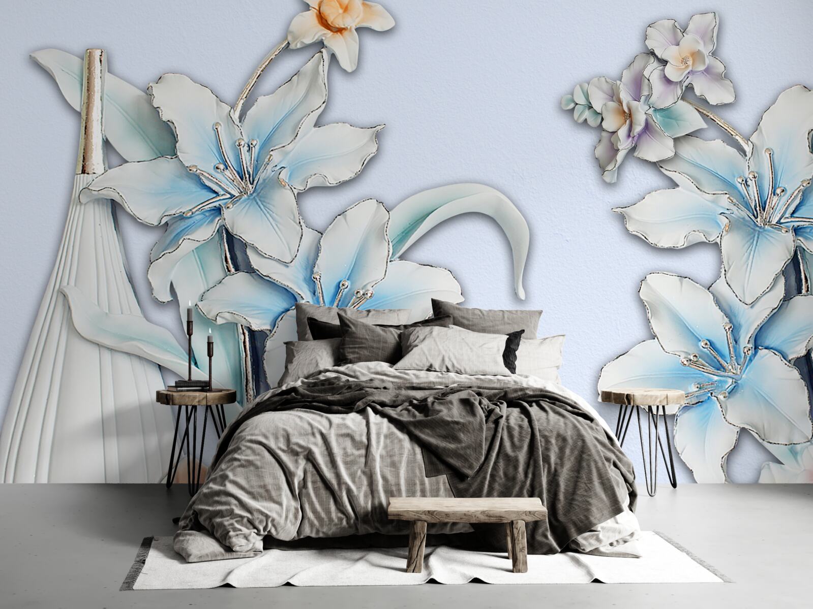 Fotobehang boeket van witte en blauwe lelies