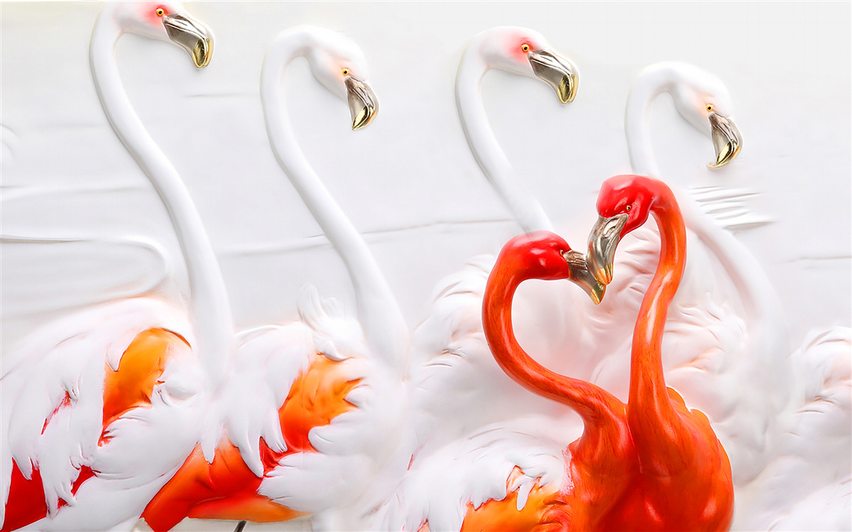 Fotobehang flamingo's in roze en witte tinten