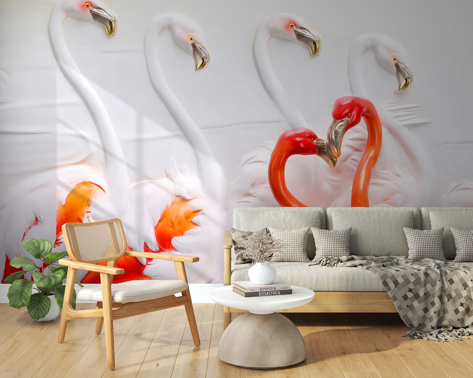 Fotobehang flamingo's in roze en witte tinten