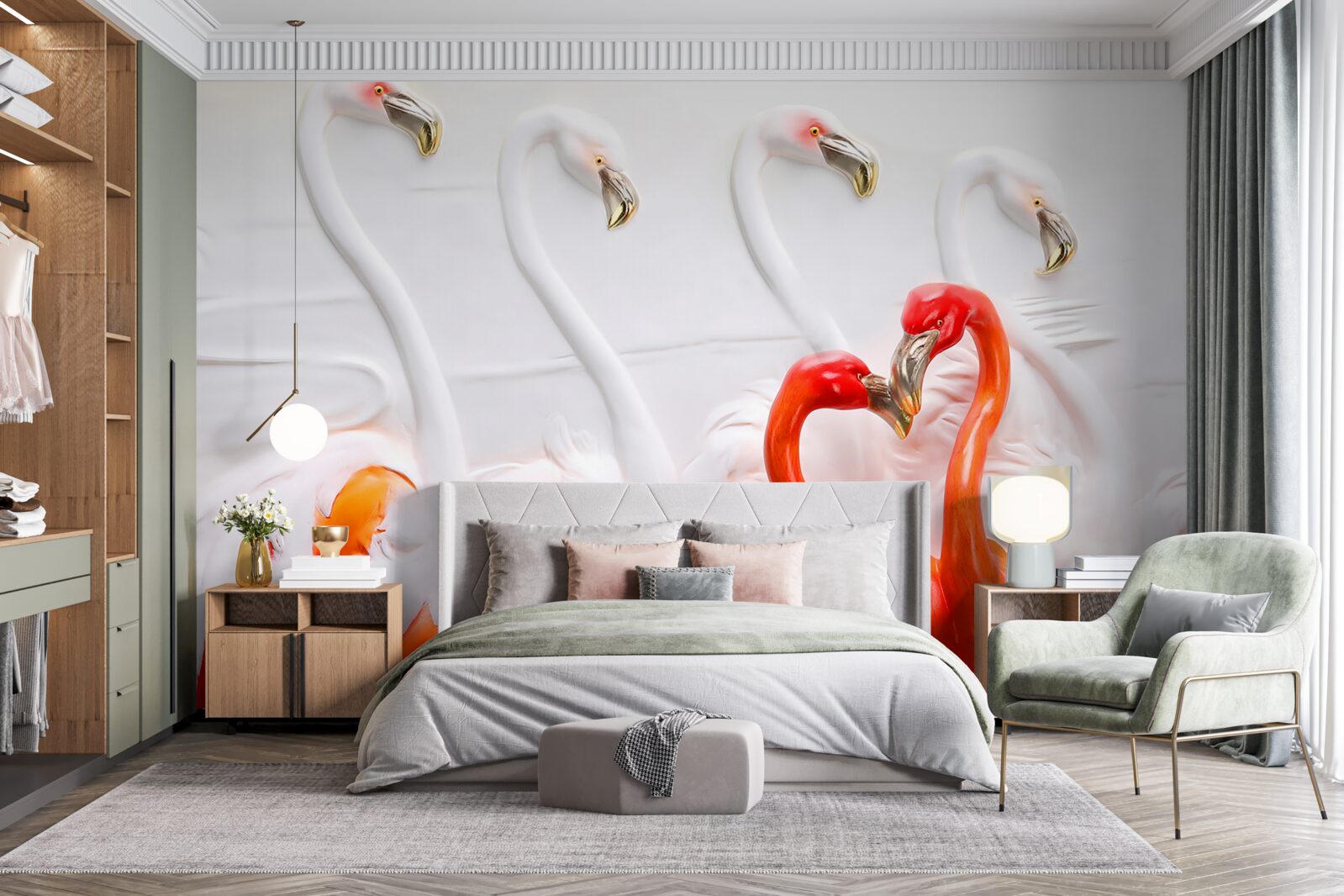 Fotobehang flamingo's in roze en witte tinten