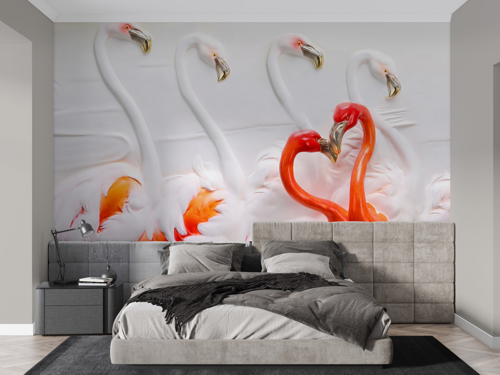Fotobehang flamingo's in roze en witte tinten