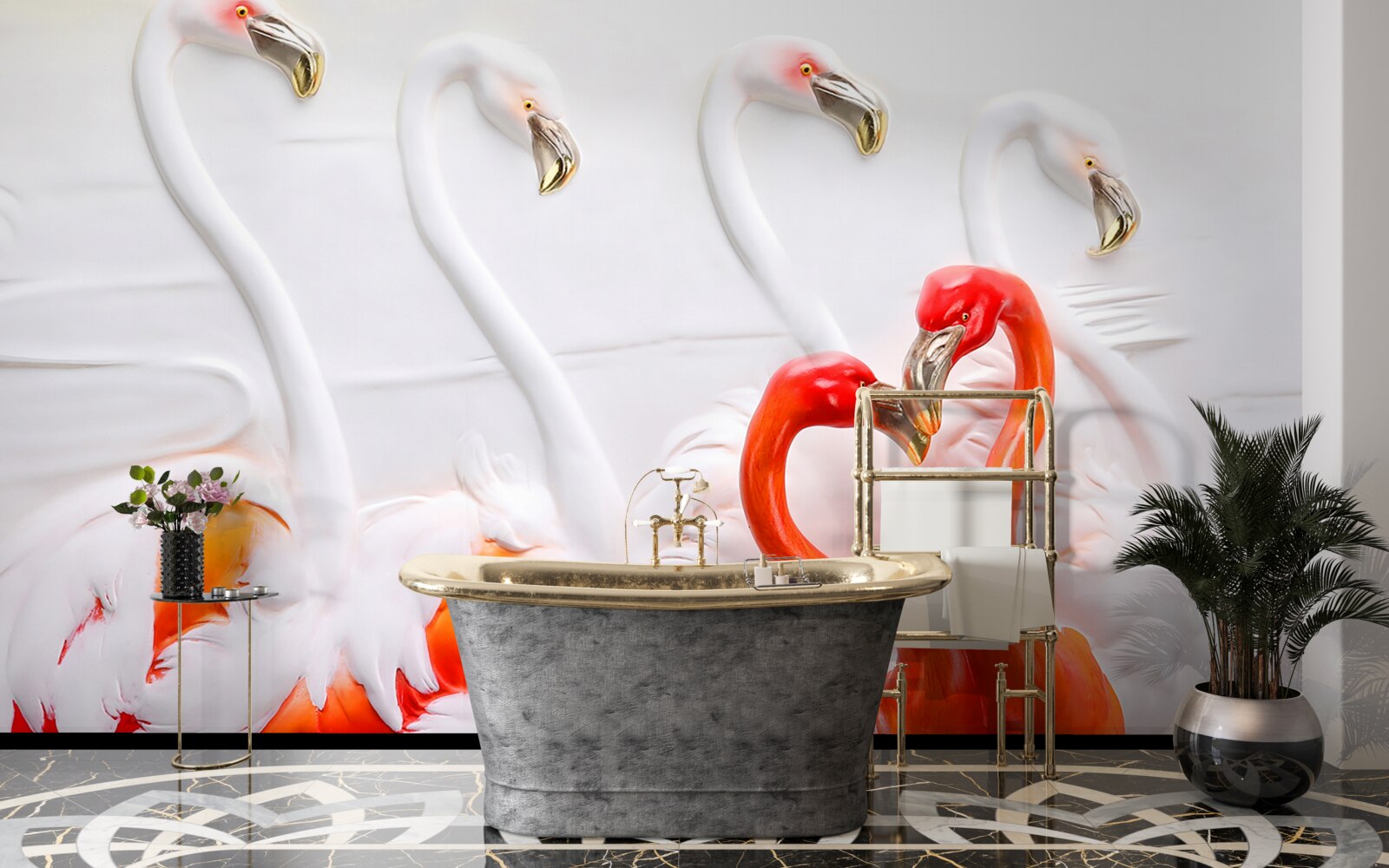 Fotobehang flamingo's in roze en witte tinten