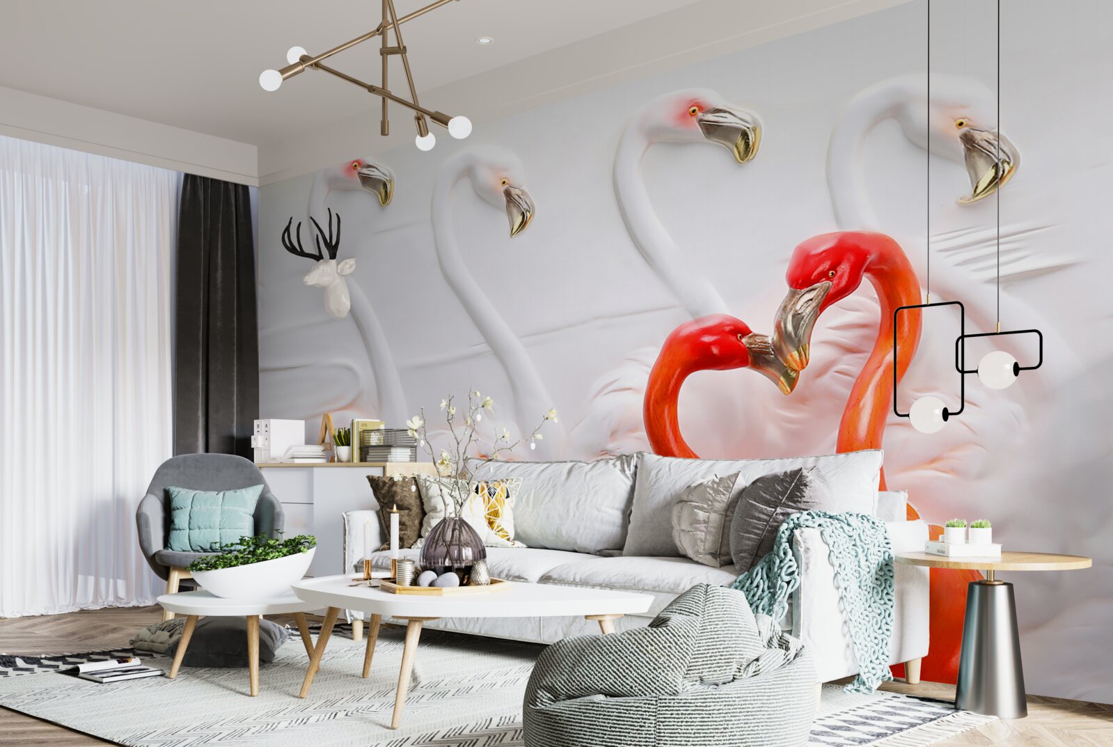 Fotobehang flamingo's in roze en witte tinten