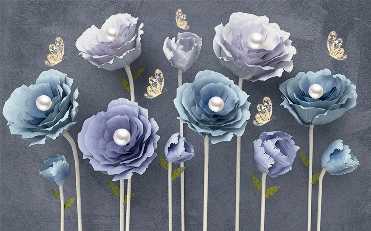 Fotobehang blauwe en witte sierlijke klaprozen met vlinders