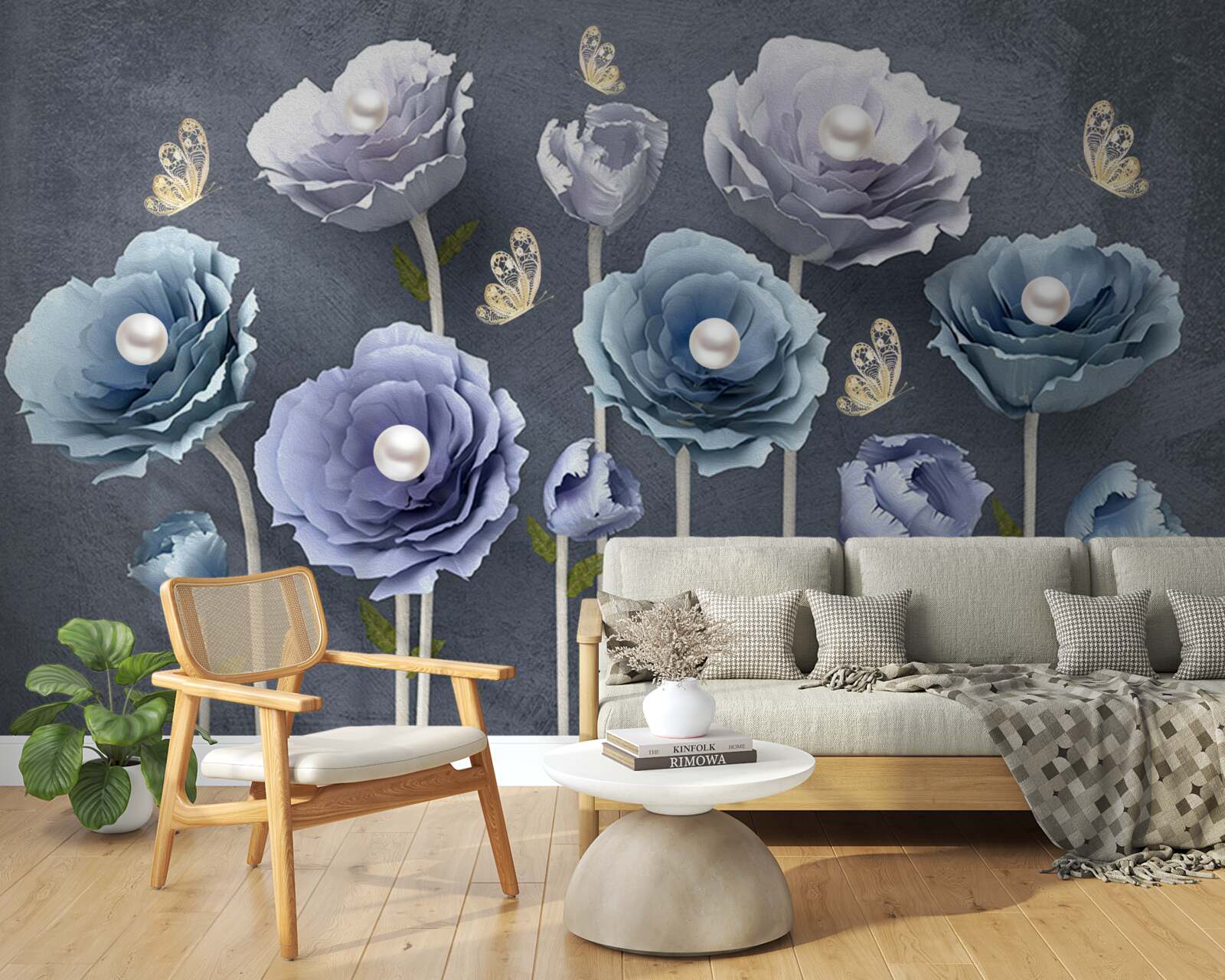 Fotobehang blauwe en witte sierlijke klaprozen met vlinders