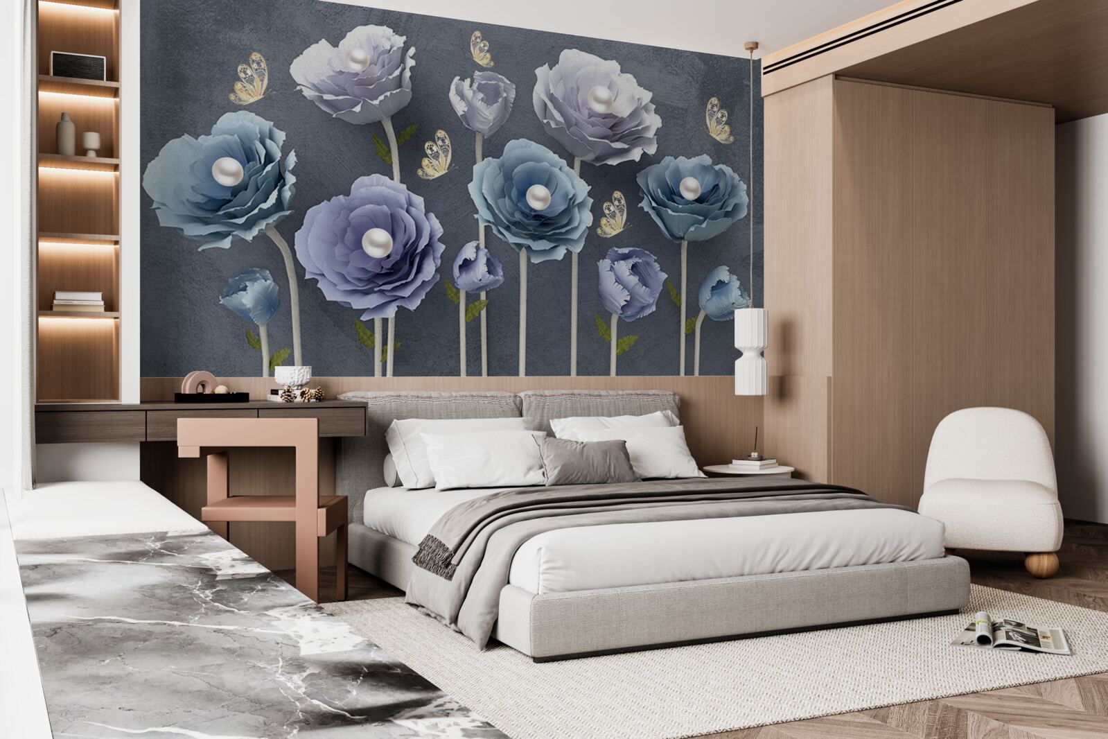 Fotobehang blauwe en witte sierlijke klaprozen met vlinders