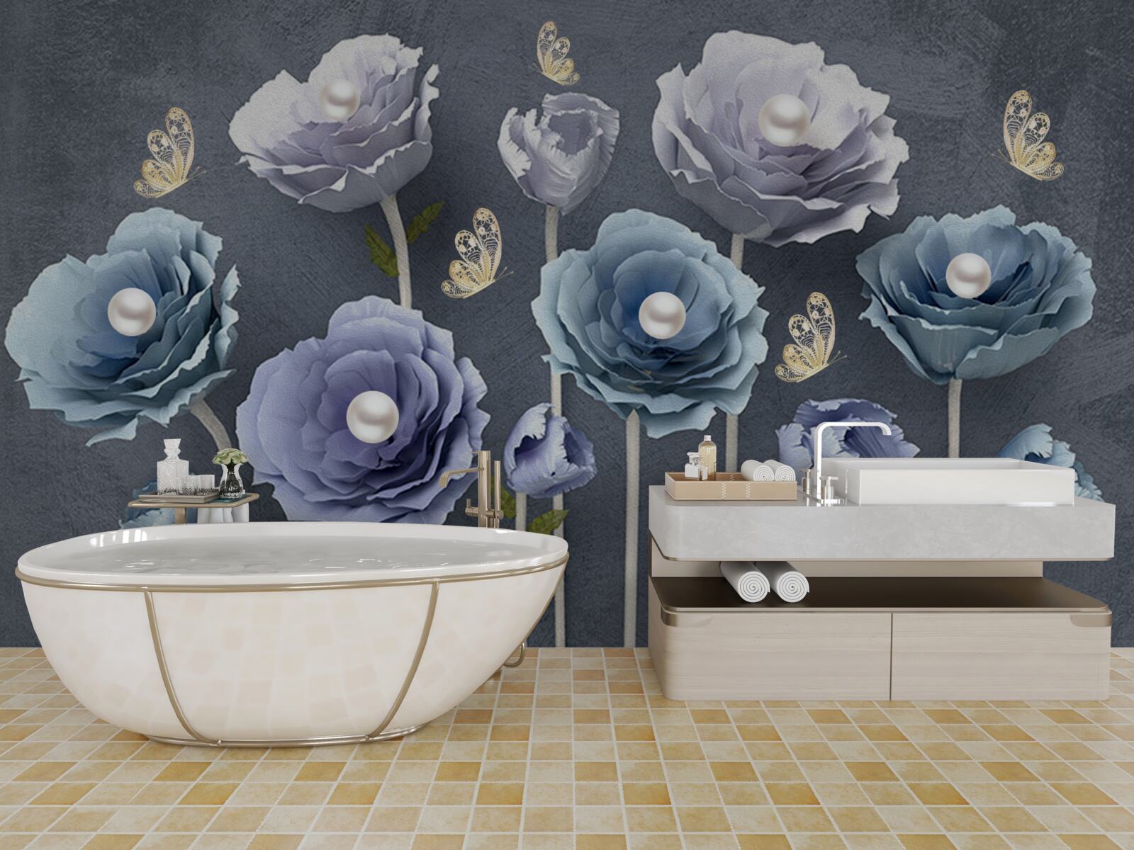 Fotobehang blauwe en witte sierlijke klaprozen met vlinders