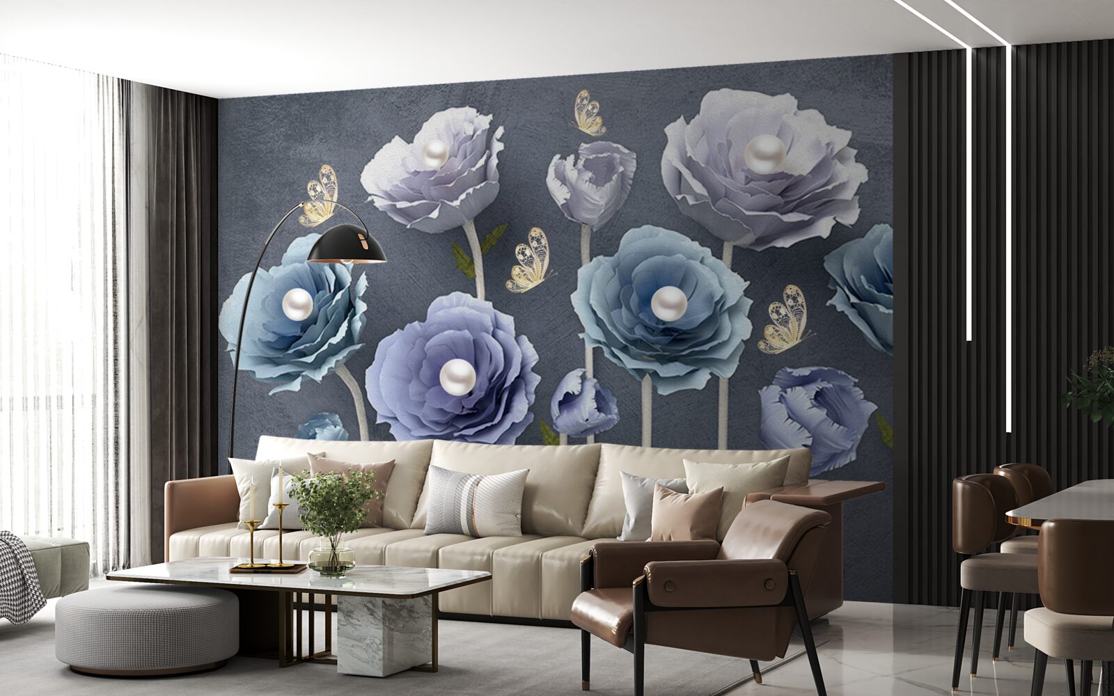 Fotobehang blauwe en witte sierlijke klaprozen met vlinders