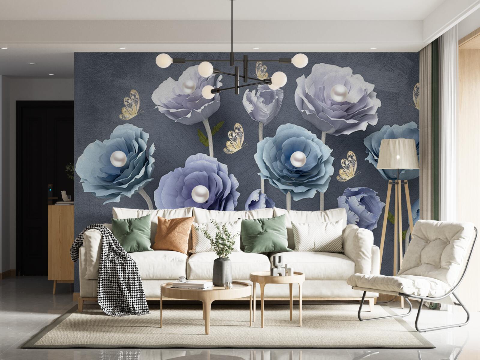 Fotobehang blauwe en witte sierlijke klaprozen met vlinders