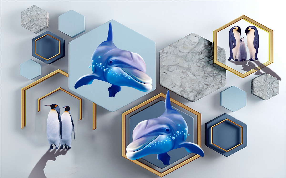 Fotobehang in vijfhoeken ingelijst in goud zijn walvissen