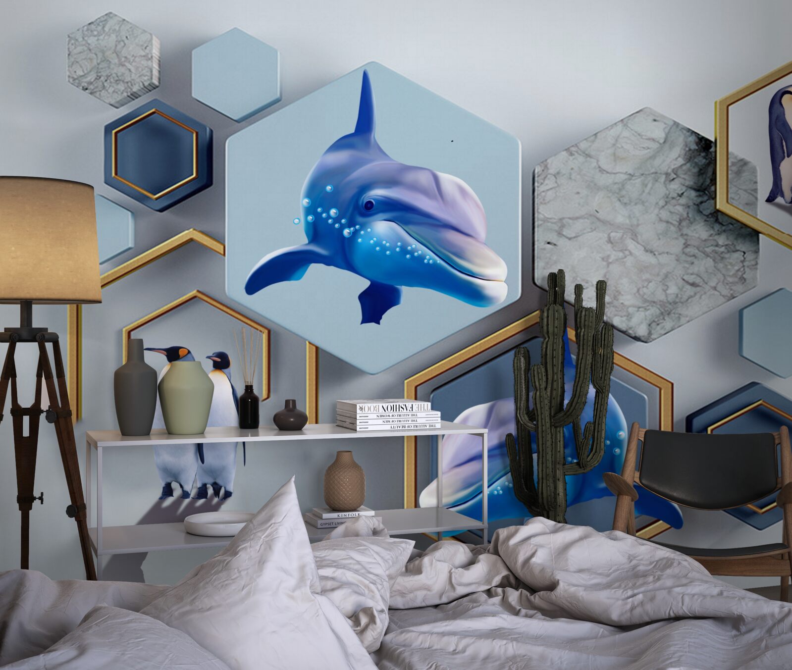 Fotobehang in vijfhoeken ingelijst in goud zijn walvissen