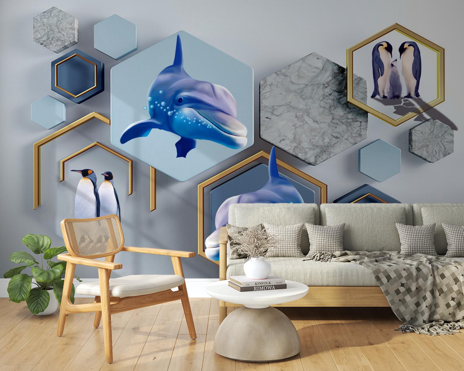 Fotobehang in vijfhoeken ingelijst in goud zijn walvissen