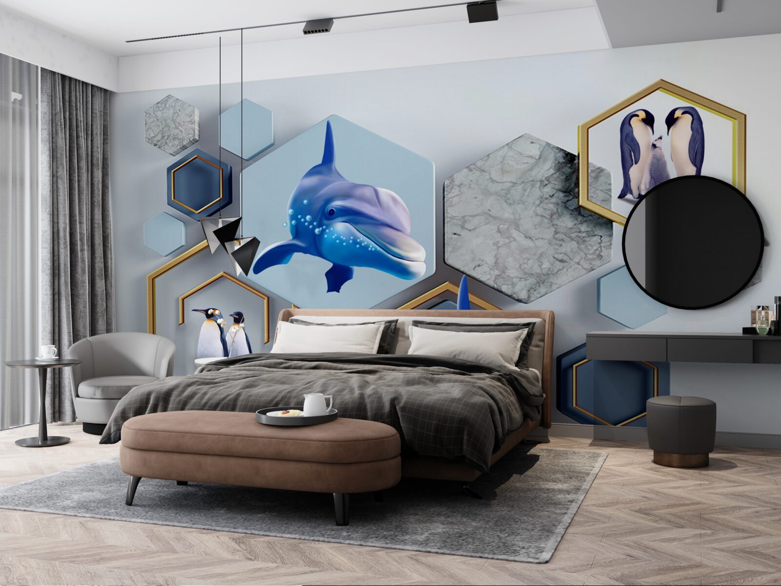 Fotobehang in vijfhoeken ingelijst in goud zijn walvissen