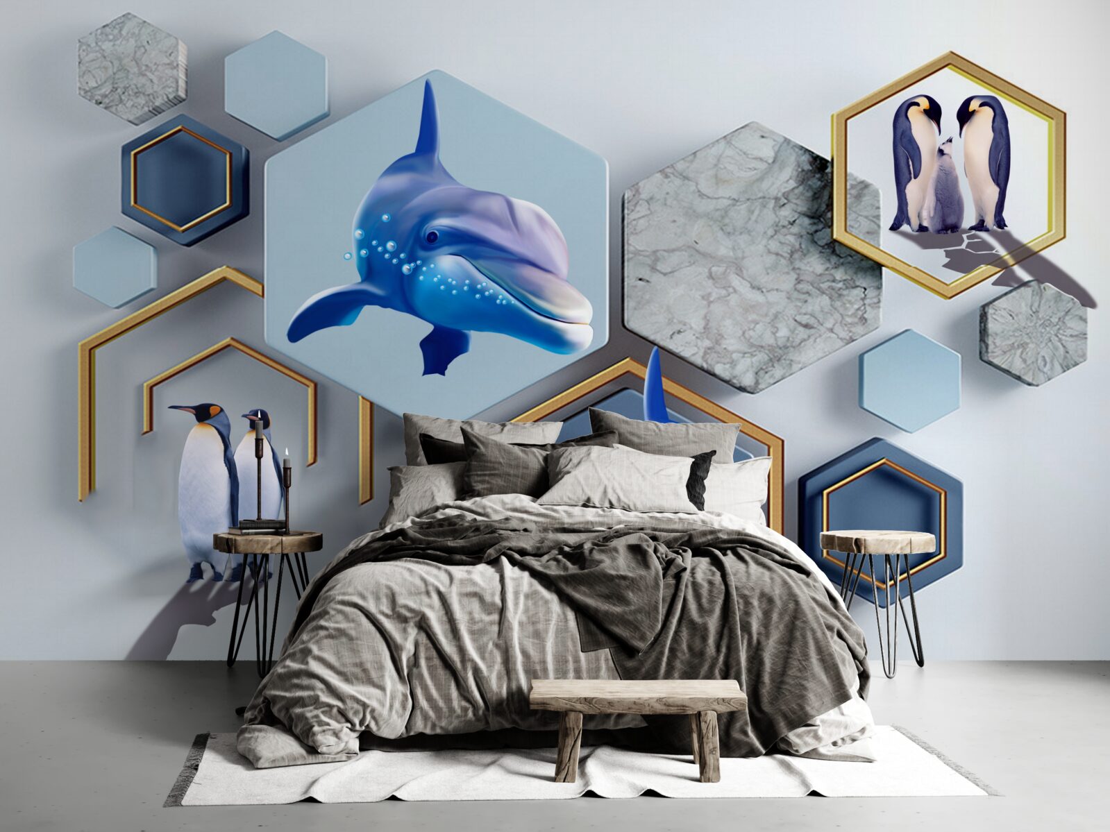Fotobehang in vijfhoeken ingelijst in goud zijn walvissen