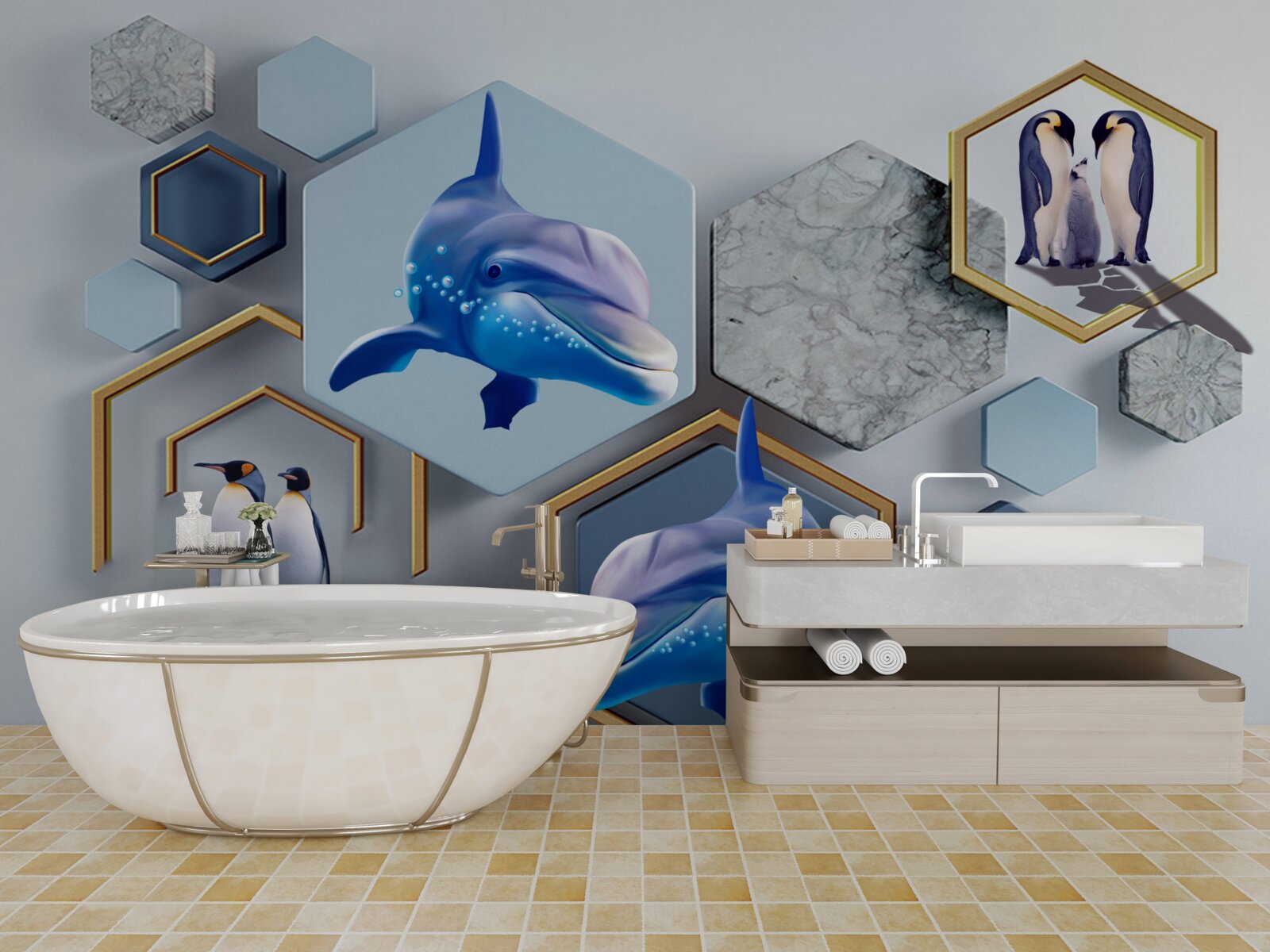 Fotobehang in vijfhoeken ingelijst in goud zijn walvissen