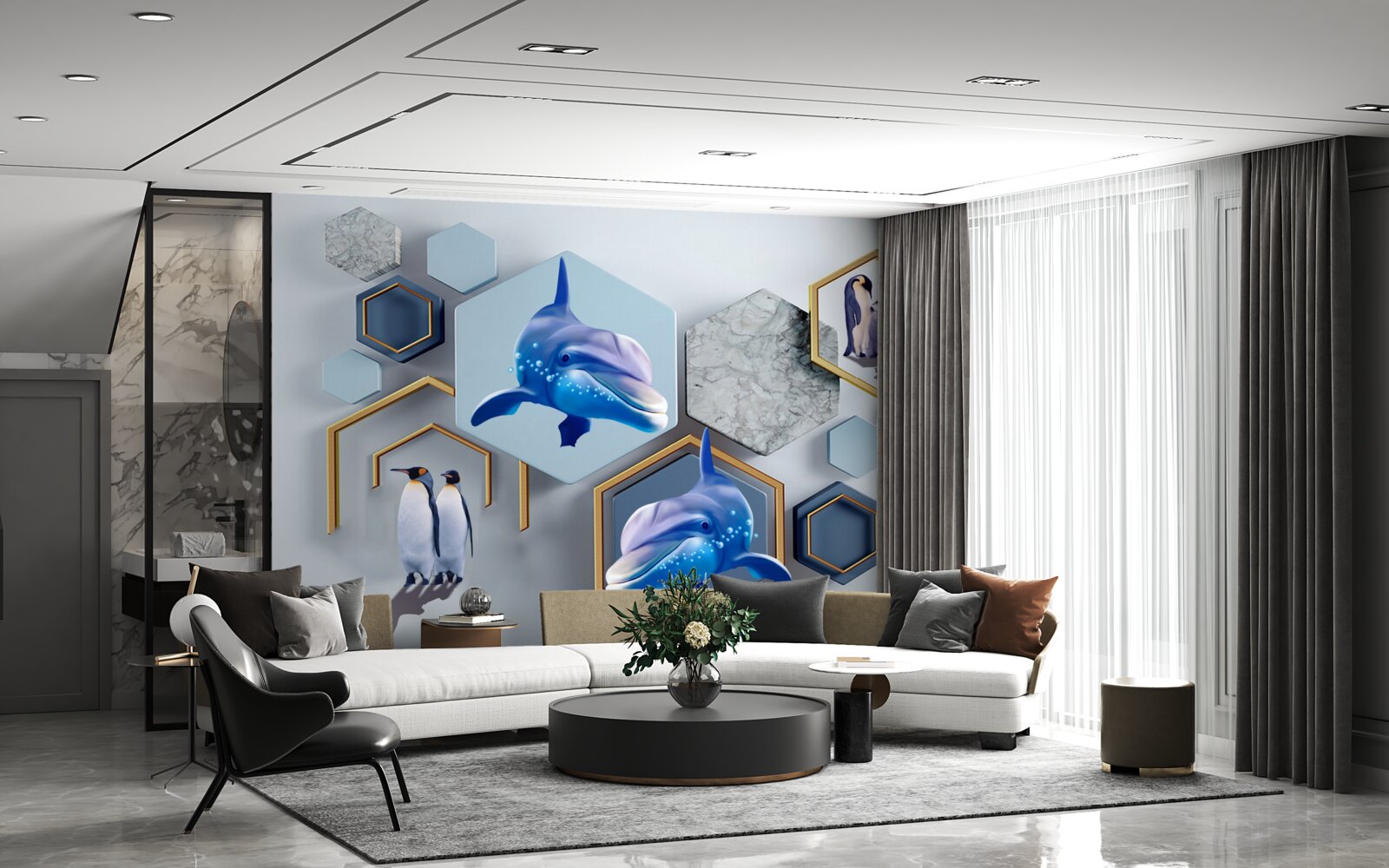 Fotobehang in vijfhoeken ingelijst in goud zijn walvissen
