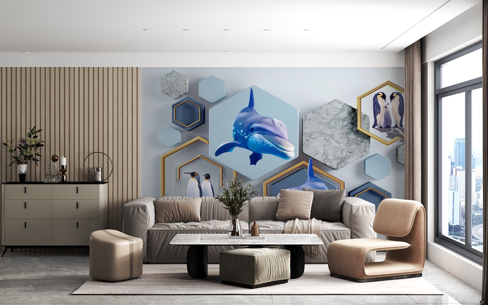 Fotobehang in vijfhoeken ingelijst in goud zijn walvissen
