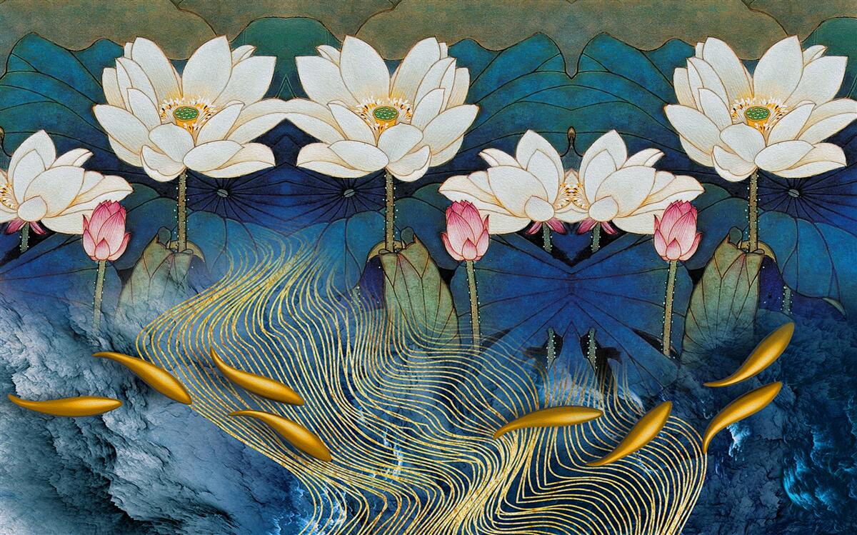 Fotobehang blauw water versierd met witte lotussen