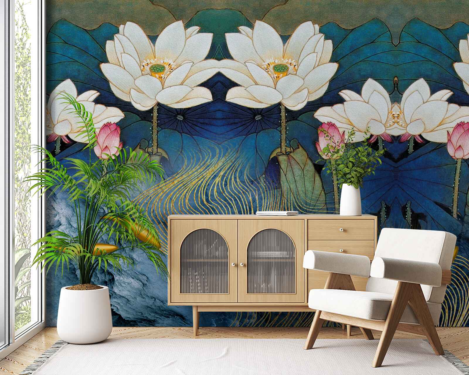 Fotobehang blauw water versierd met witte lotussen