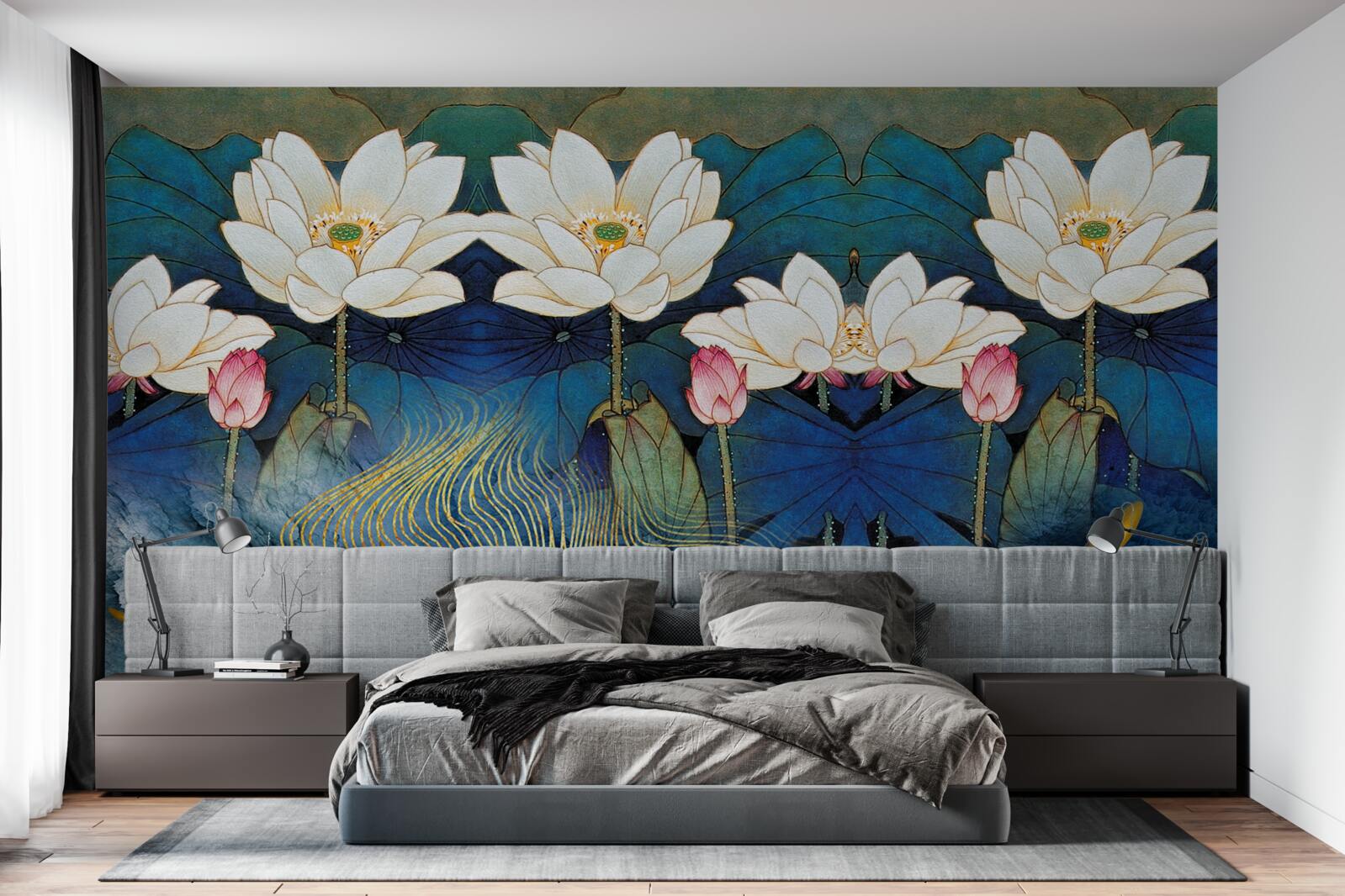 Fotobehang blauw water versierd met witte lotussen