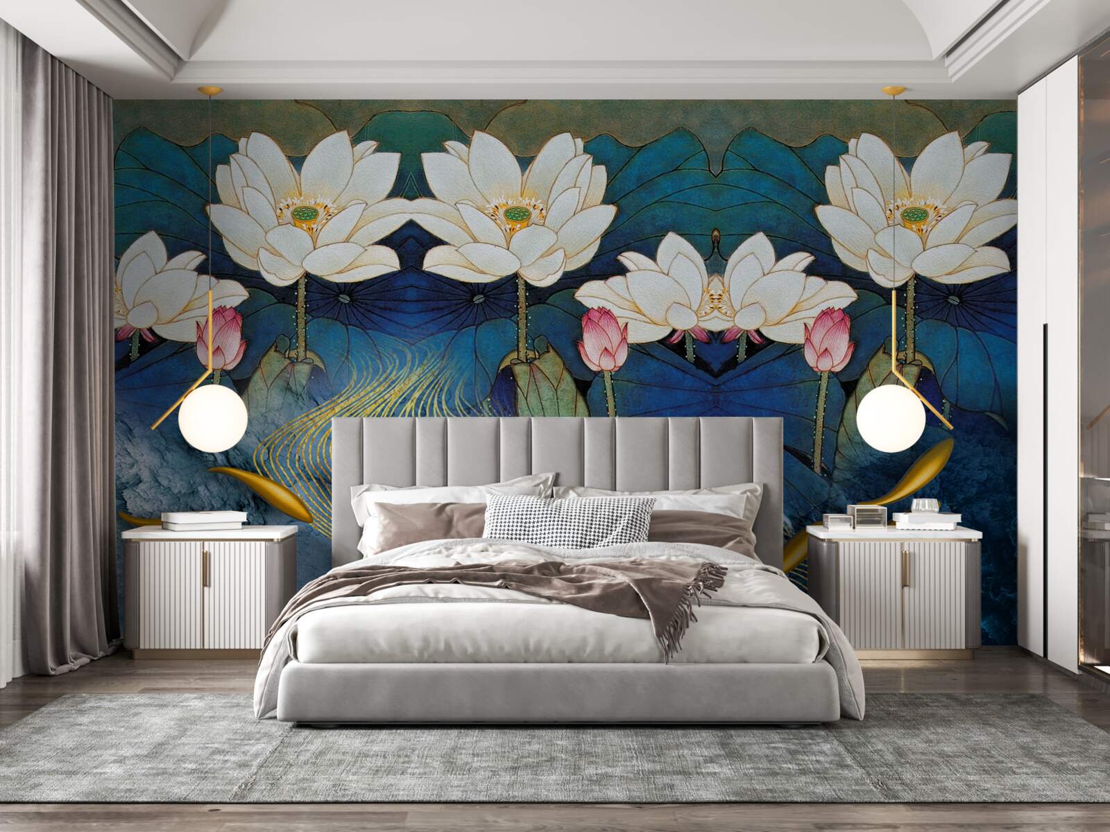 Fotobehang blauw water versierd met witte lotussen