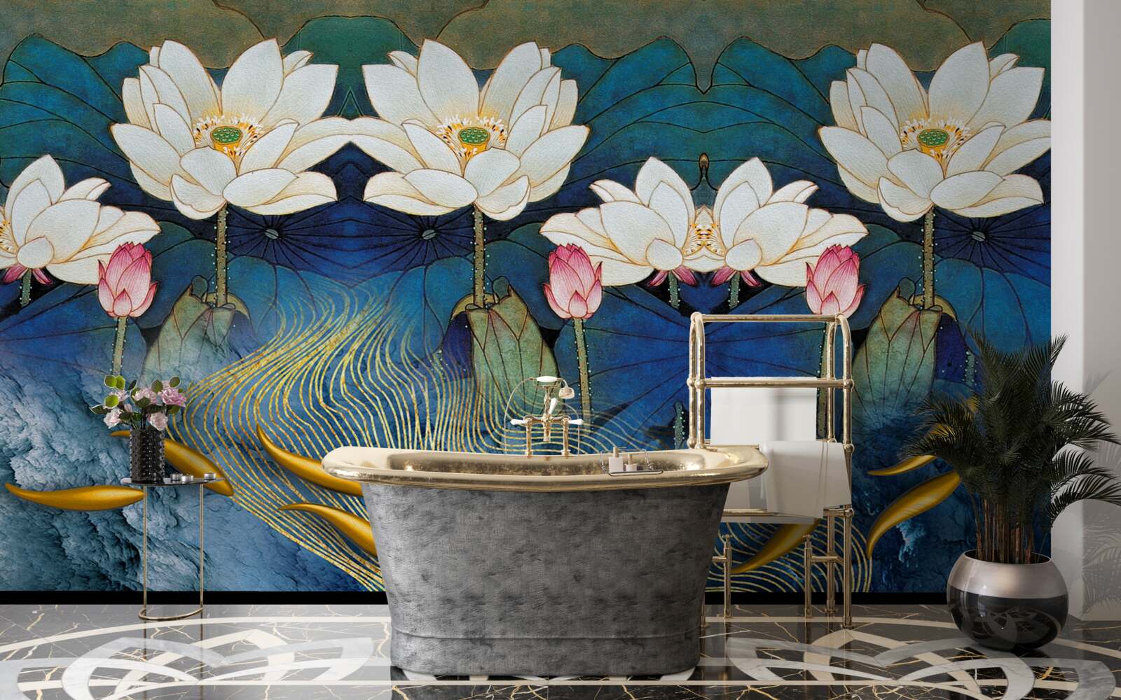 Fotobehang blauw water versierd met witte lotussen