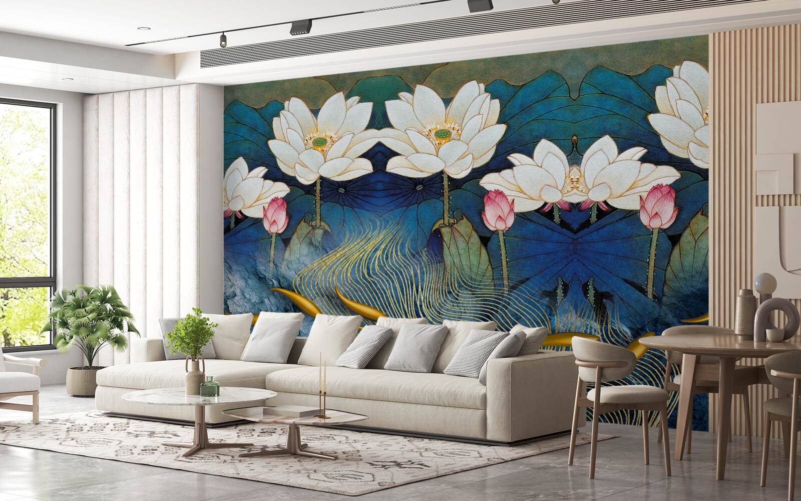 Fotobehang blauw water versierd met witte lotussen