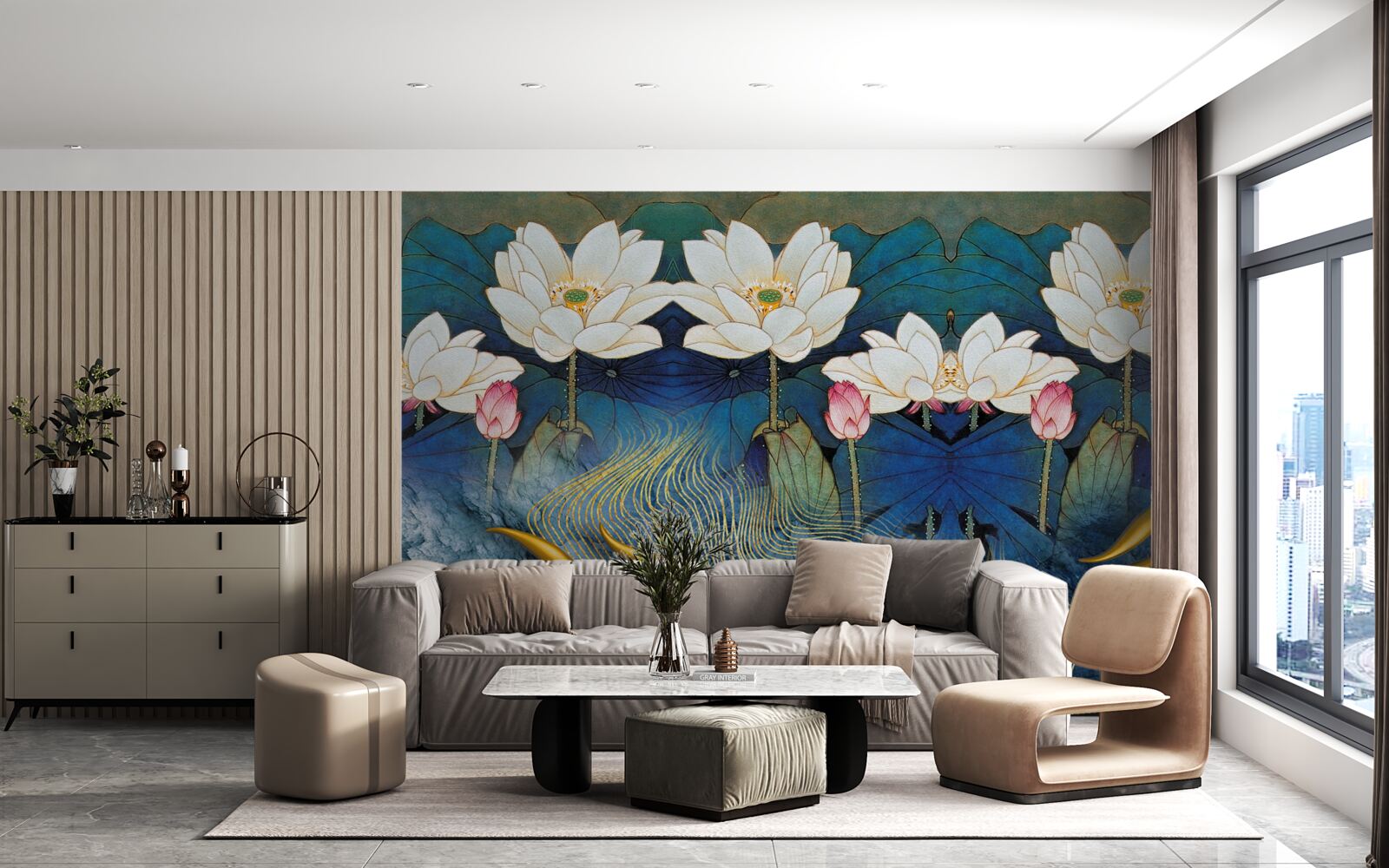 Fotobehang blauw water versierd met witte lotussen