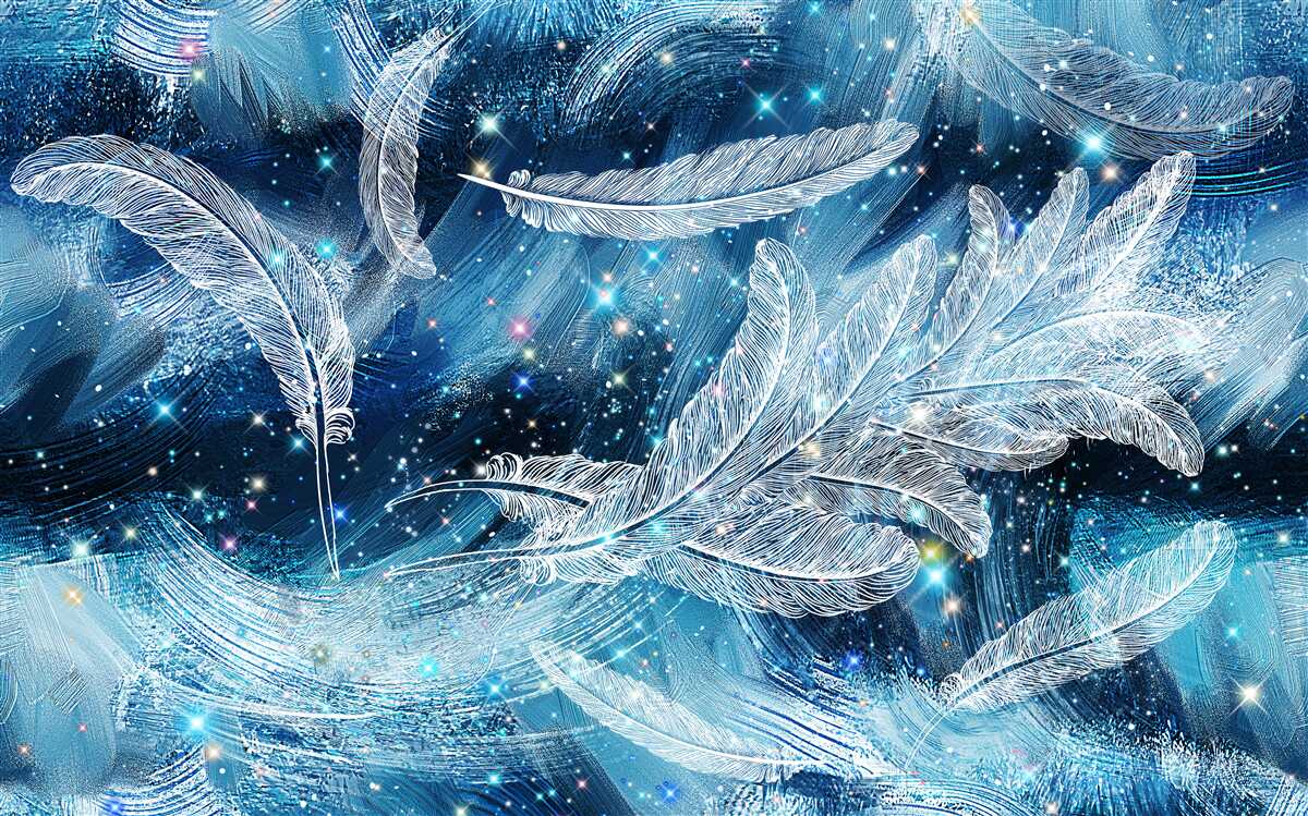 Fotobehang een sterke wind voert de witte veren weg