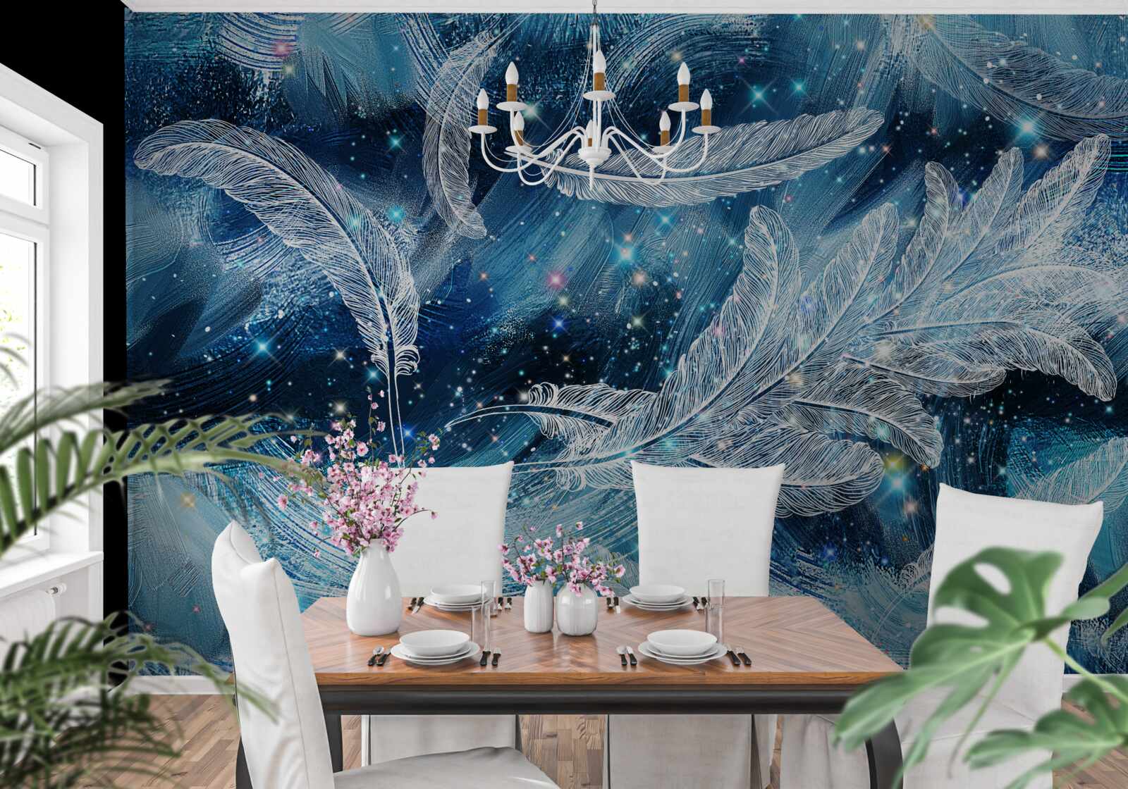 Fotobehang een sterke wind voert de witte veren weg