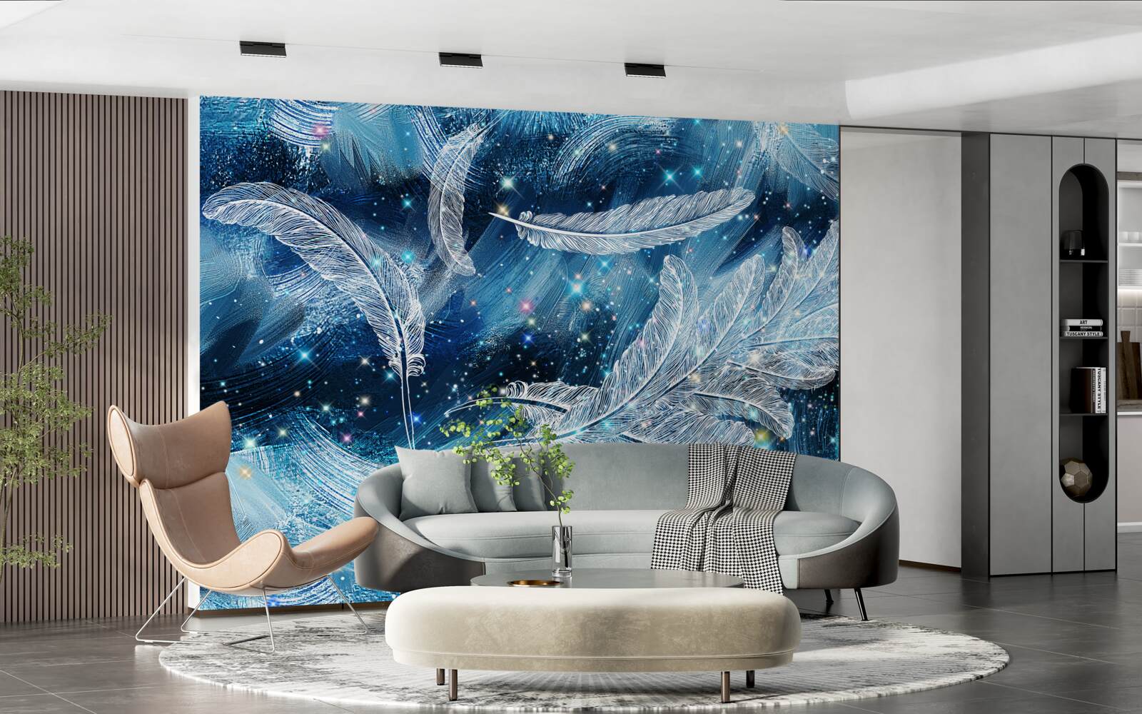 Fotobehang een sterke wind voert de witte veren weg