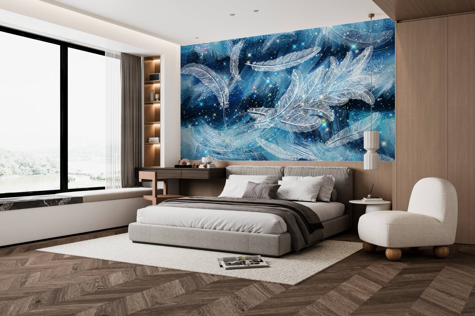 Fotobehang een sterke wind voert de witte veren weg