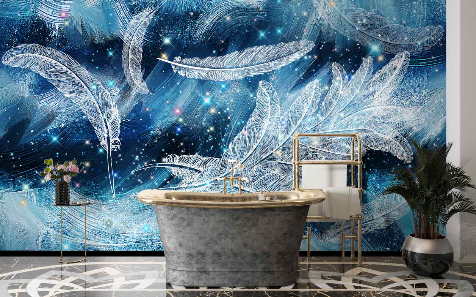 Fotobehang een sterke wind voert de witte veren weg