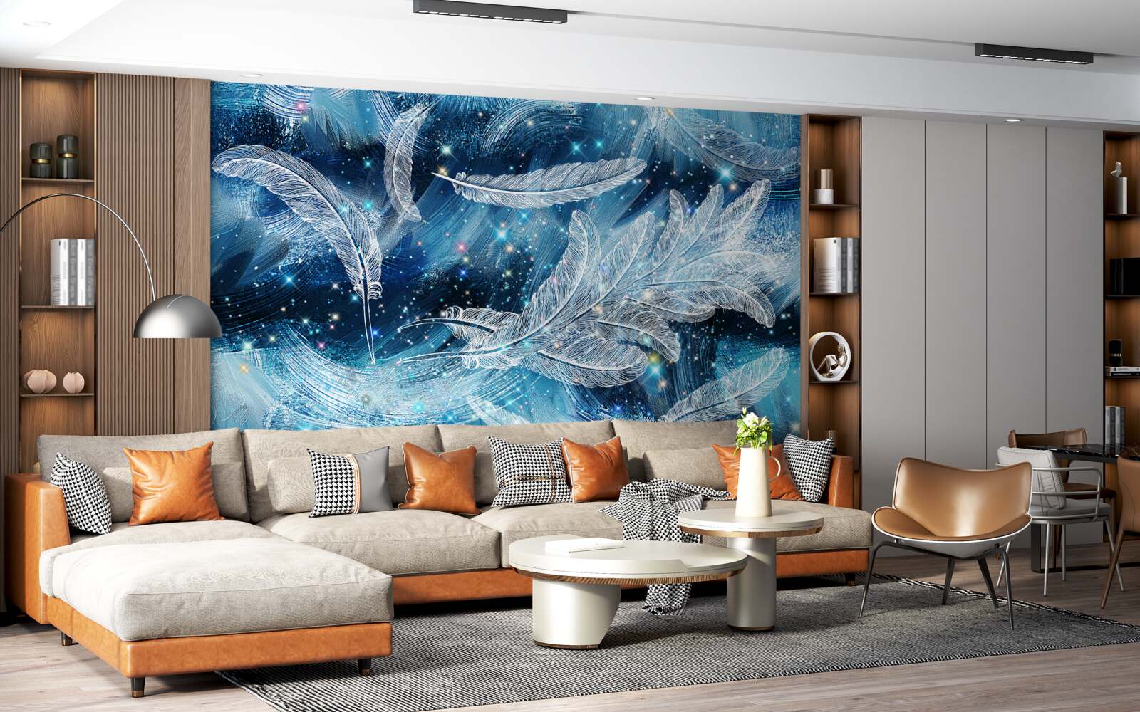 Fotobehang een sterke wind voert de witte veren weg