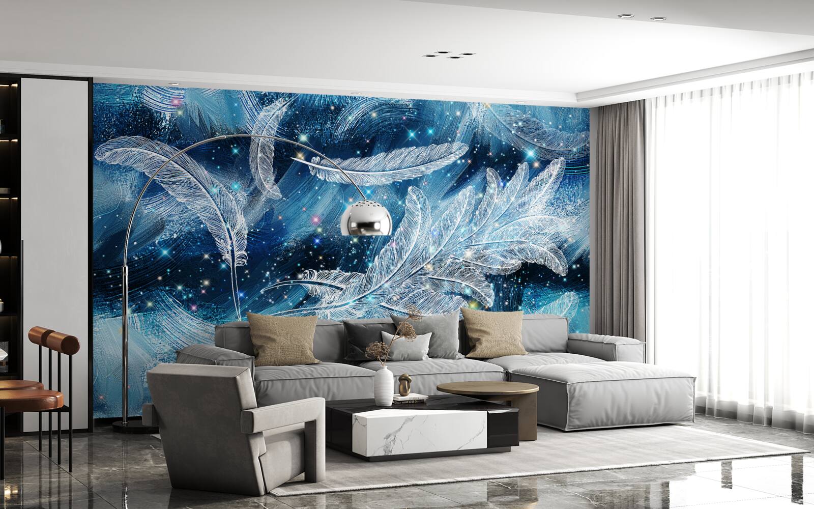 Fotobehang een sterke wind voert de witte veren weg