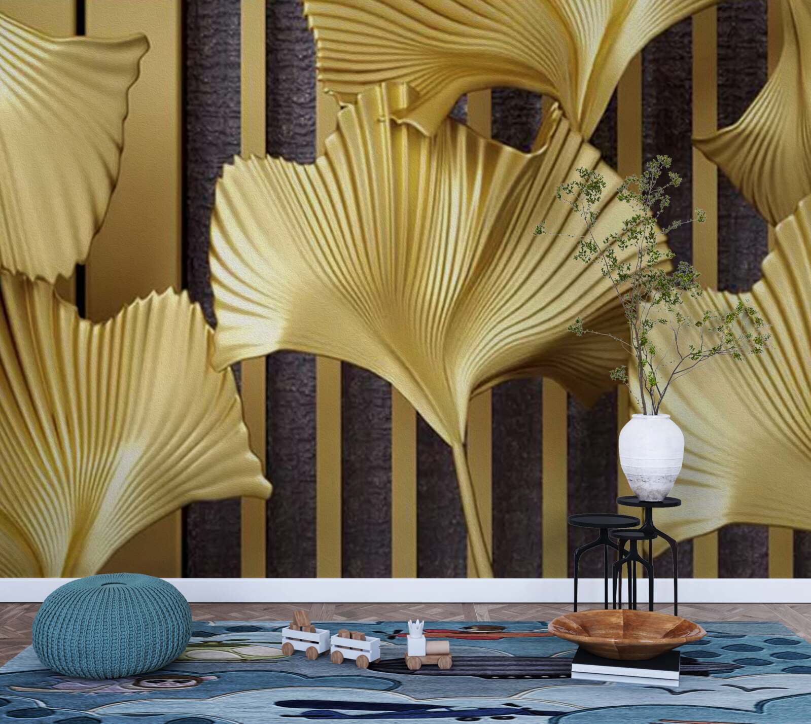 Fotobehang varenbladeren in goud