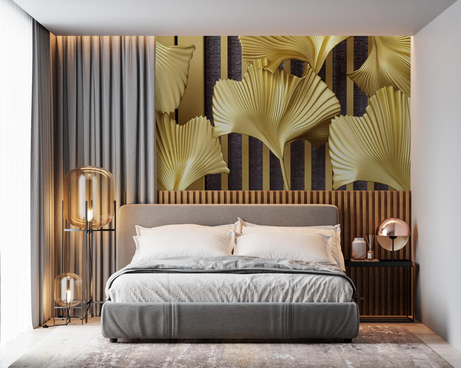 Fotobehang varenbladeren in goud