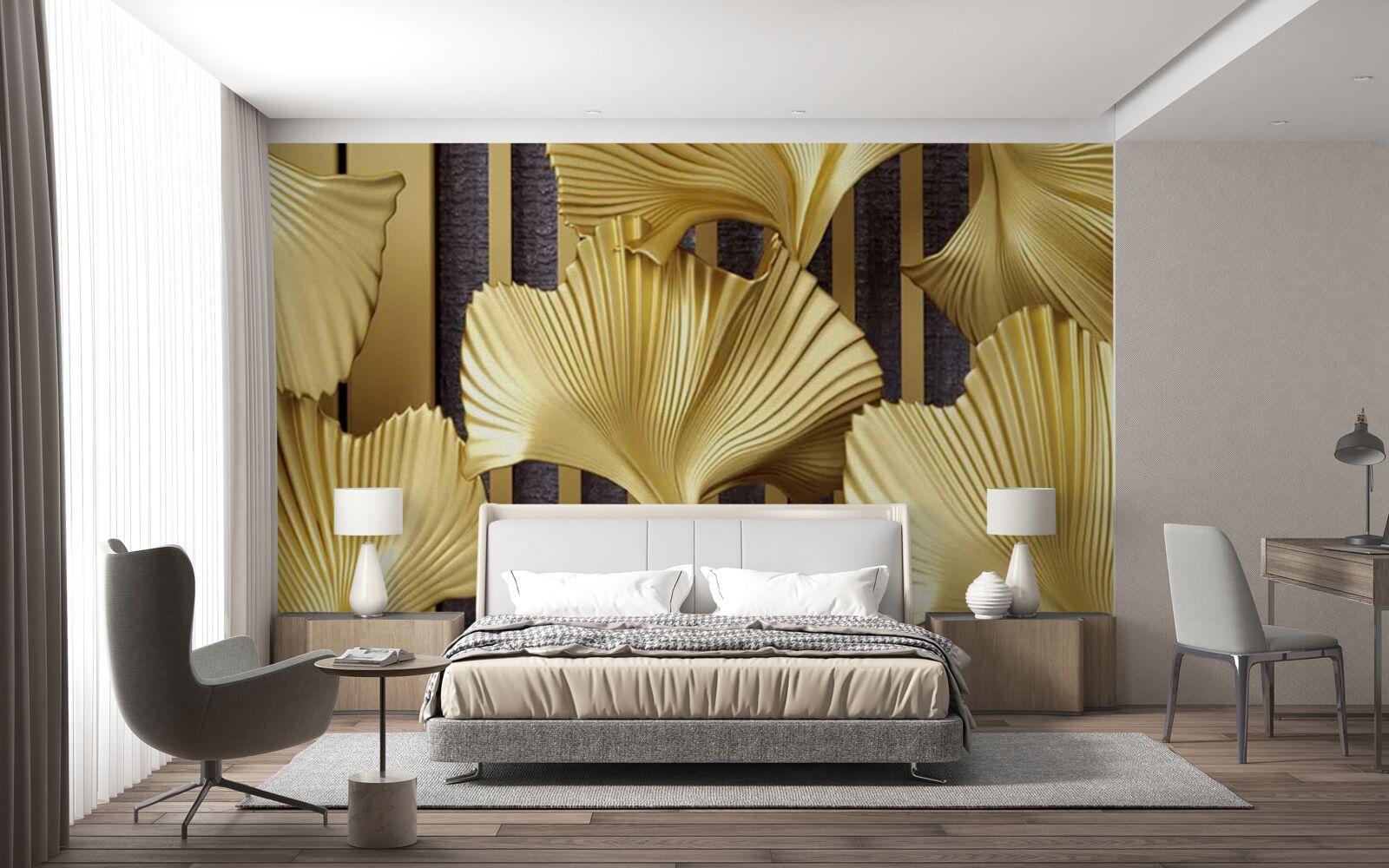 Fotobehang varenbladeren in goud