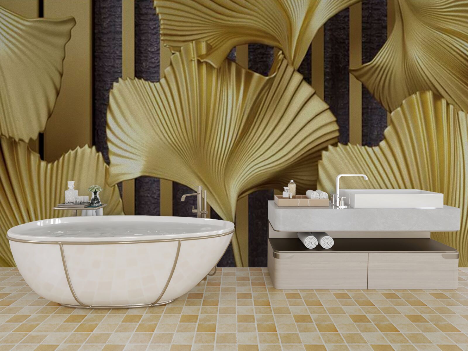 Fotobehang varenbladeren in goud