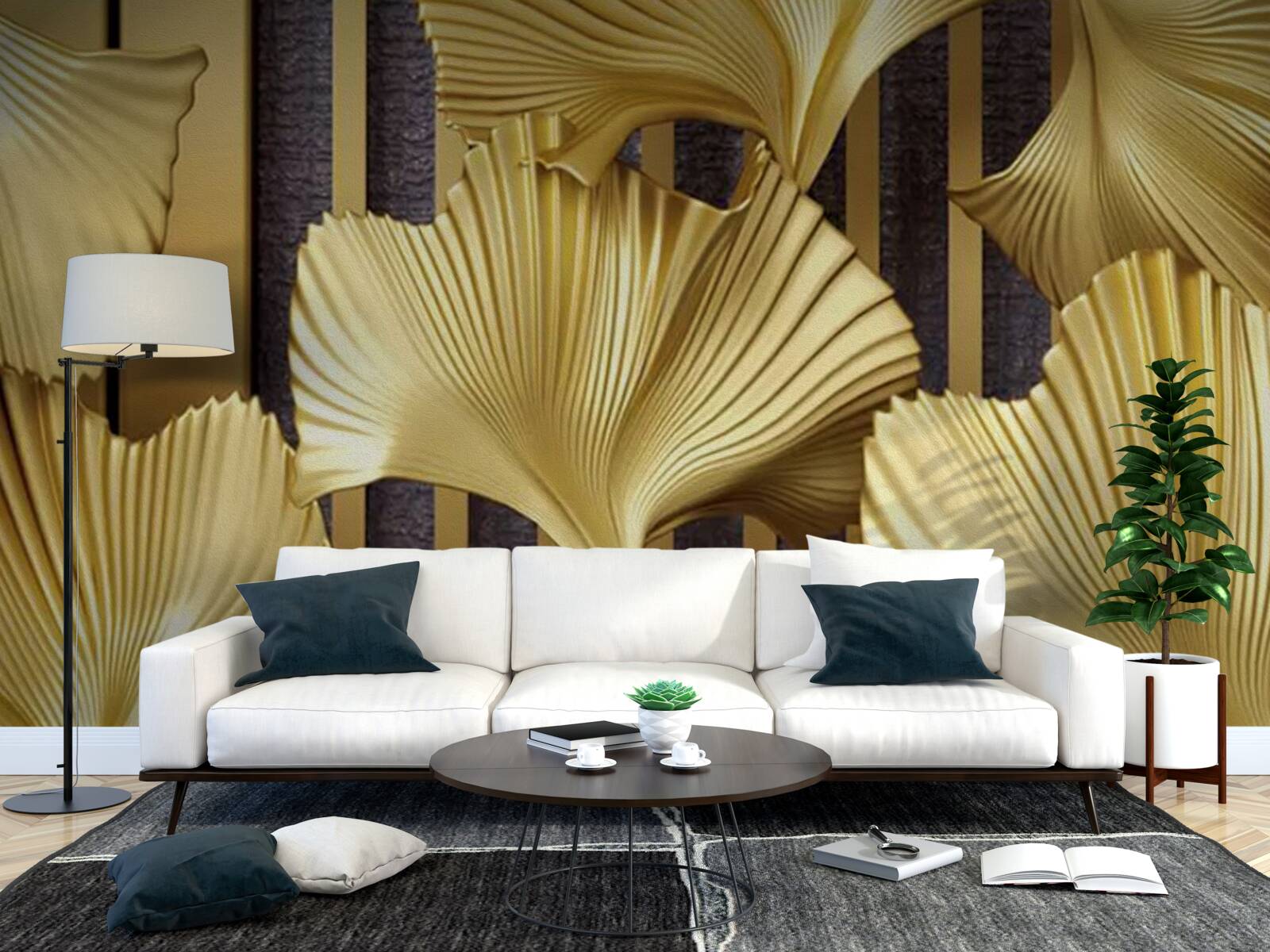 Fotobehang varenbladeren in goud