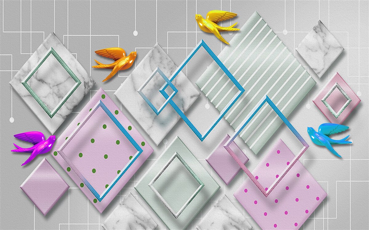 Fotobehang veelkleurige abstractie van vogels en figuren